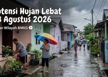 Hujan lebat di wilayah Indonesia dalam potensi hujan lebat besok 23 Agustus 2026
