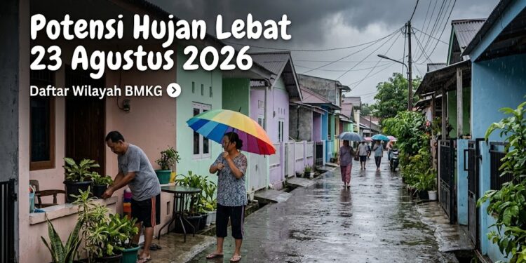 Hujan lebat di wilayah Indonesia dalam potensi hujan lebat besok 23 Agustus 2026